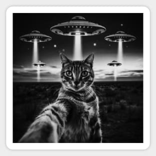 Selfie of Funny Cat And Aliens UFO Sticker